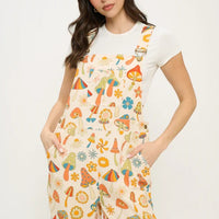 Colorful Floral Mushrooms Print Overalls