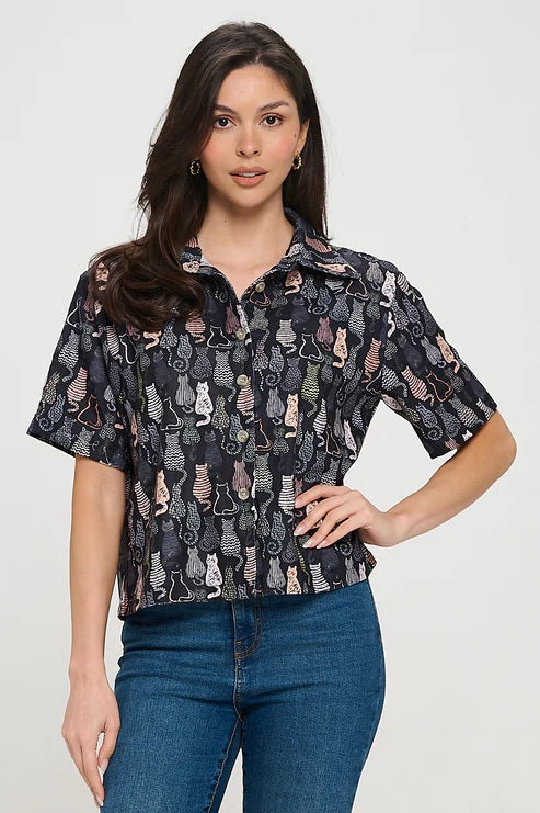 Colorful Cat Print Shirt