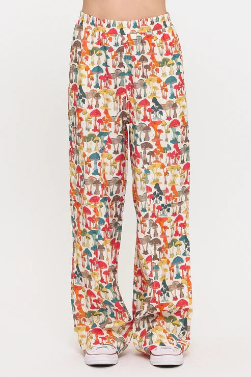 Colourful Mushroom Woods Print Wide Leg Pants