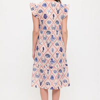 Marine Life Print Ruffle Sleeve Midi Dress