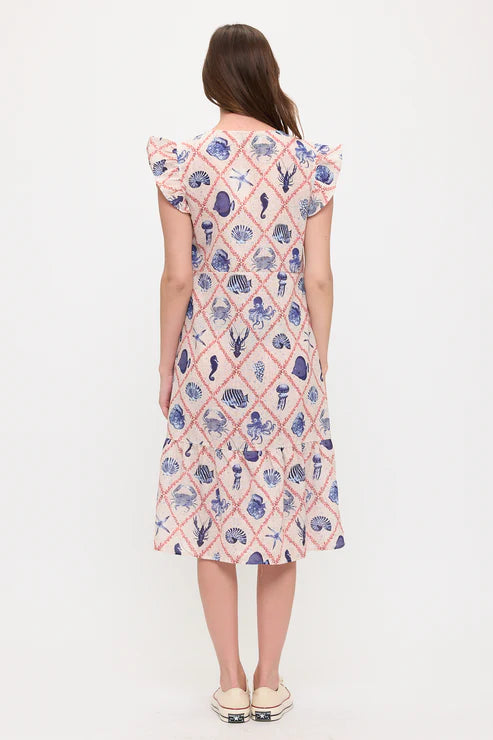 Marine Life Print Ruffle Sleeve Midi Dress