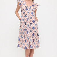 Marine Life Print Ruffle Sleeve Midi Dress