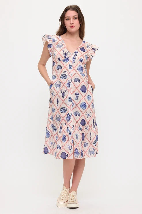 Marine Life Print Ruffle Sleeve Midi Dress