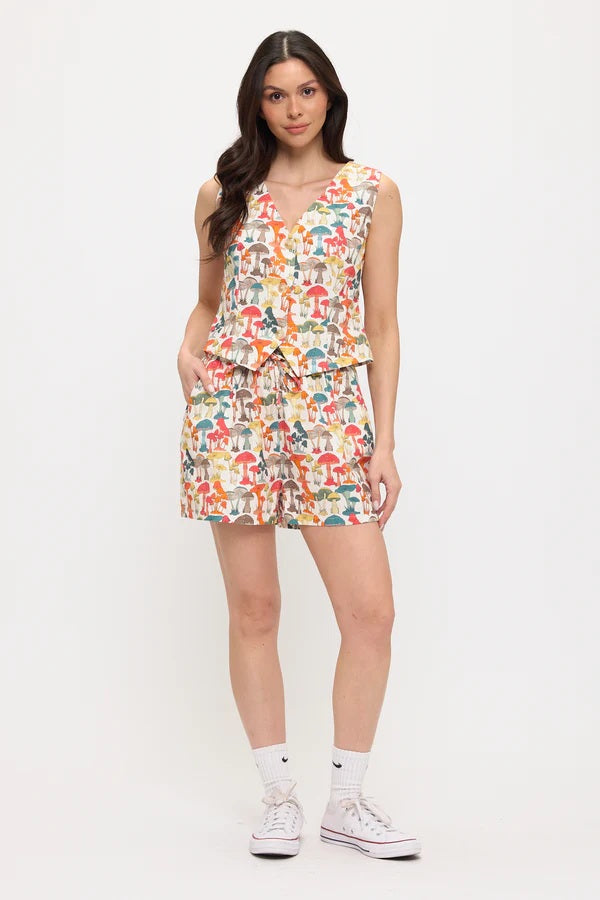 Colourful Mushroom Woods Print V-Neck Vest