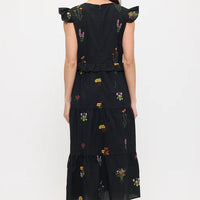 Midnight Meadow Embroidery Ruffle Sleeve Midi Dress