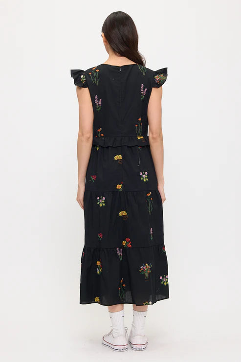 Midnight Meadow Embroidery Ruffle Sleeve Midi Dress