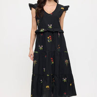 Midnight Meadow Embroidery Ruffle Sleeve Midi Dress