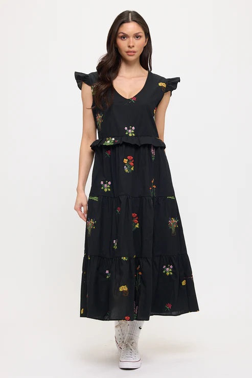 Midnight Meadow Embroidery Ruffle Sleeve Midi Dress