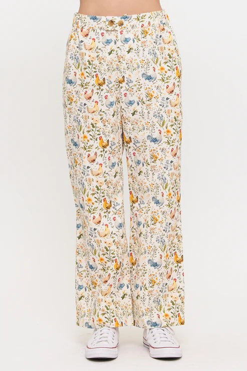 Rooster And Floral Print Wide Leg Pants