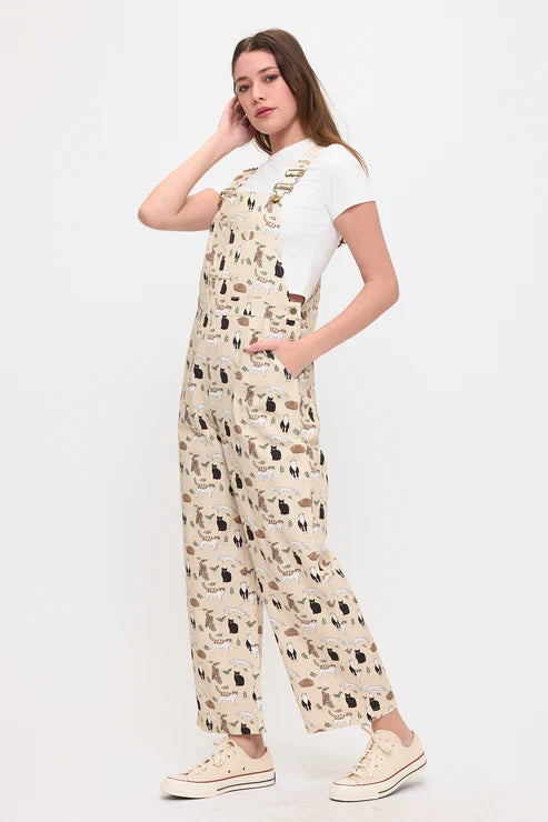 Playful Cats And Leaves Print Overalls