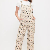 Playful Cats And Leaves Print Overalls