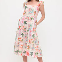 Coastal Vacation Print Ruffle Sleeve Midi Dress