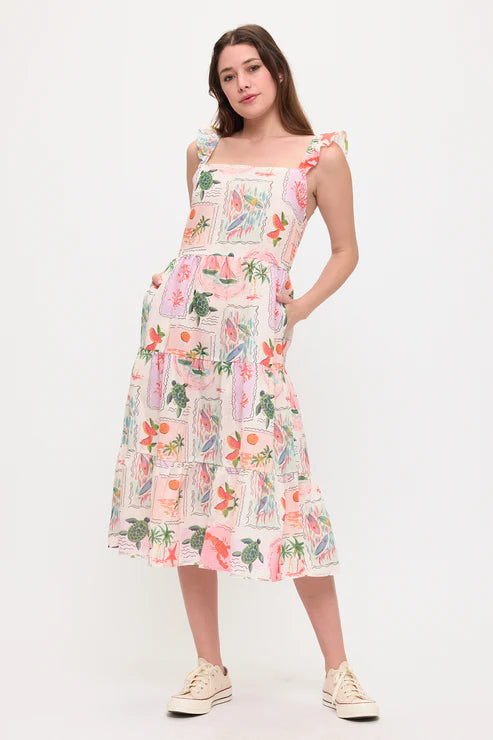 Coastal Vacation Print Ruffle Sleeve Midi Dress