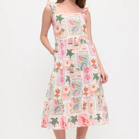 Coastal Vacation Print Ruffle Sleeve Midi Dress