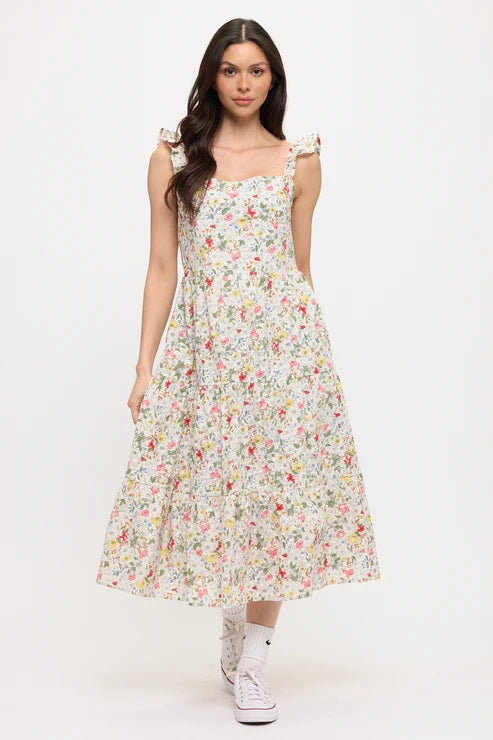 Wildflowers Print Ruffle Sleeve Midi Dress