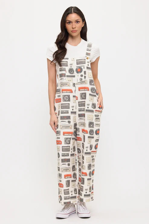 Retro Audio Beats Graphic Print Overalls