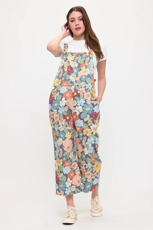 Retro Flowers Bouquet Print Overalls