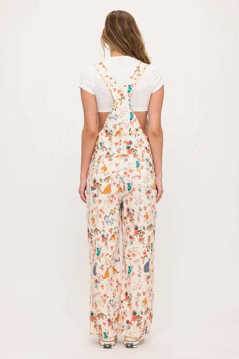 Cats Floral Print Overalls