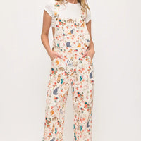 Cats Floral Print Overalls