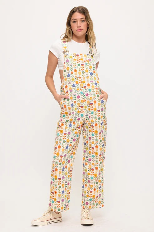 Retro Mod Floral Print Overalls