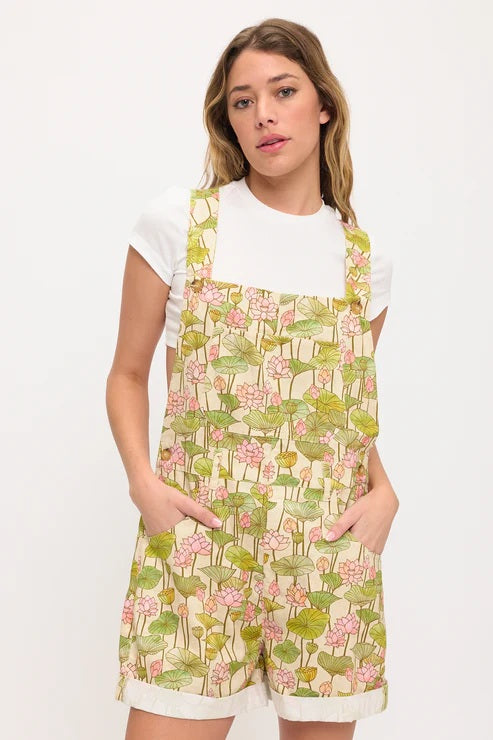 Lotus Flower And Lilly Pads Print Shortalls