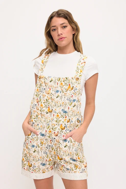 Rooster And Flower Print Shortalls