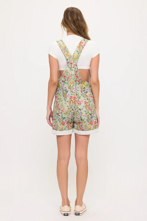 Floral Hummingbird Print Shortalls