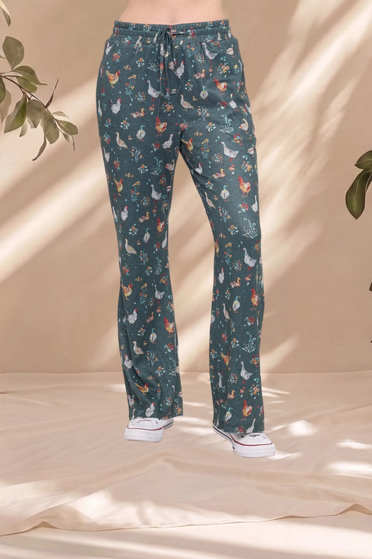 Ducks And Chickens Print Flare Pants