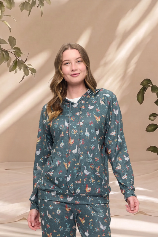 Ducks and Chickens Floral Print Tunic Hoodie