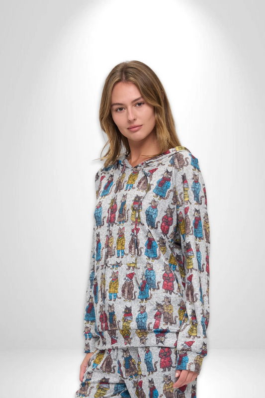 Cozy Cats Print Tunic Hoodie