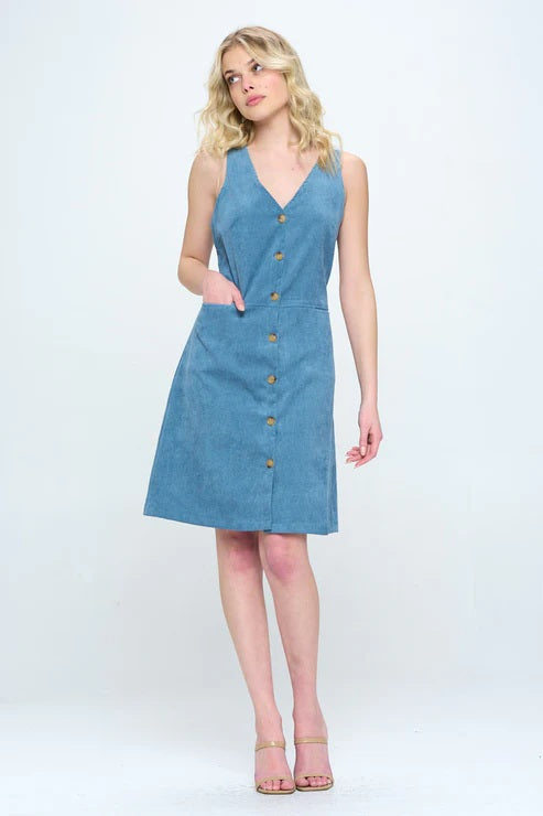 Blue Corduroy Button Up Dress