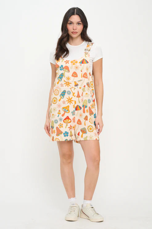 Colorful Floral Mushrooms Print Shortalls