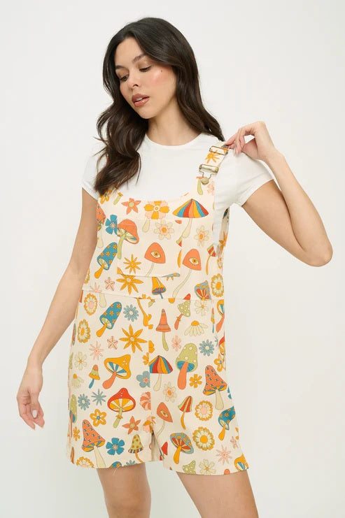 Colorful Floral Mushrooms Print Shortalls