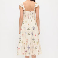 Vintage Floral Print Ruffle Sleeve Midi Dress