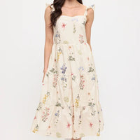 Vintage Floral Print Ruffle Sleeve Midi Dress