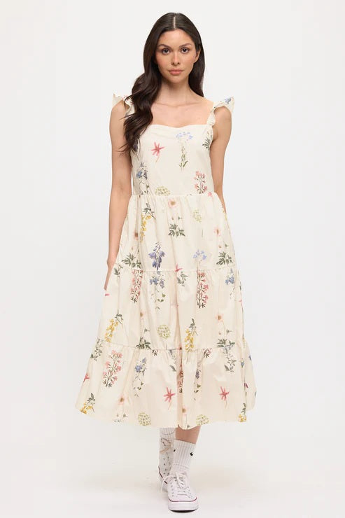 Vintage Floral Print Ruffle Sleeve Midi Dress