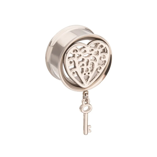 Heart Filigree With Key Dangle Tunnel 0g - 7/8