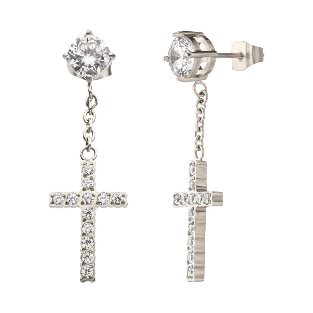 Steel 5mm Stud Cross Dangle Earrings