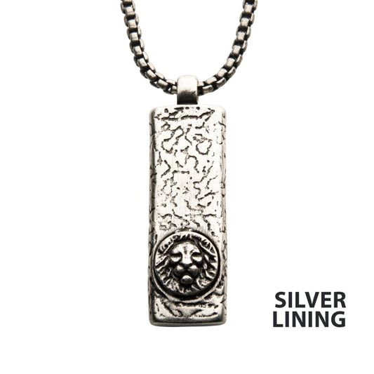 Stainless Steel Silver IP Dog Tag Pendant with Lion Head Inlay 19.5" Chain