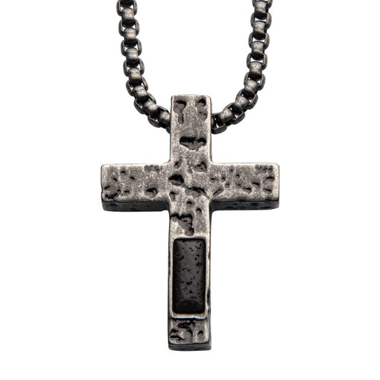 Lava Stone Cross Steel Pendant 24In