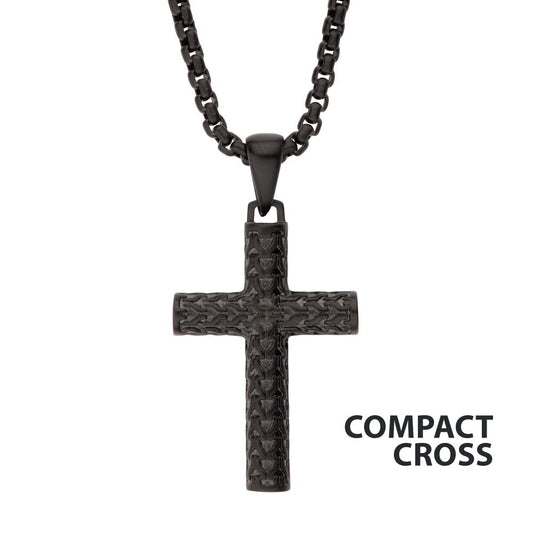 Black IP Steel Scale Cross Pendant 22"