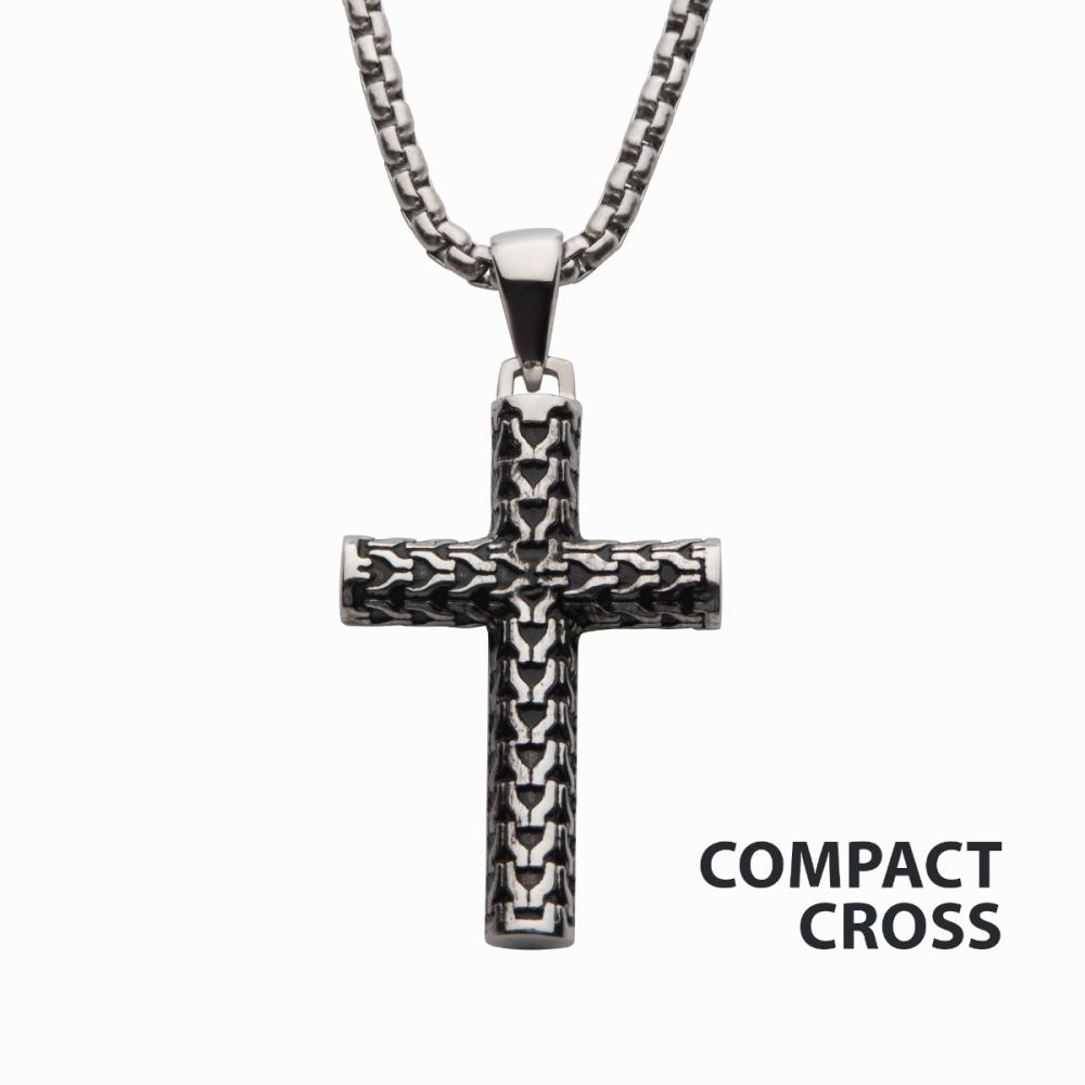 Steel Scale Cross Drop Pendant with Bold Box Chain 22"