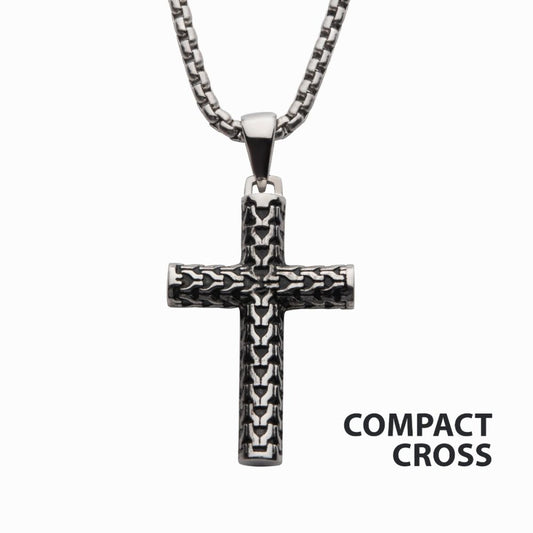 Steel Scale Cross Drop Pendant with Bold Box Chain 22"