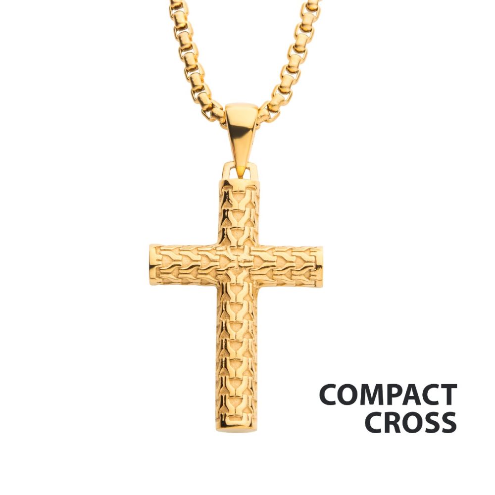 18Kt Gold IP Scale Cross Drop Pendant w/ Box Chain 22"