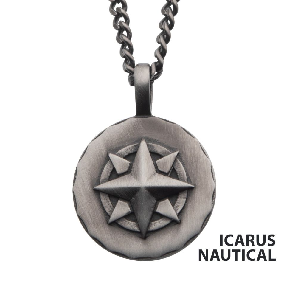 Gunmetal IP Engravable Compass Pendant With Chain 22"
