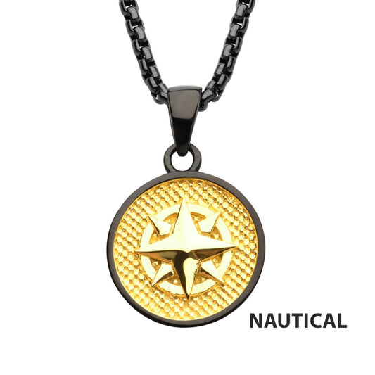 Black Pendant Gold Compass 24"