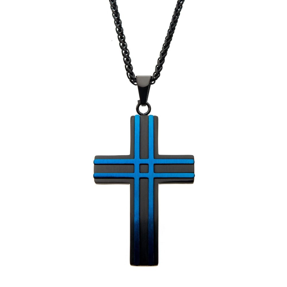 Black And Blue Cross Pendant And Chain 24"