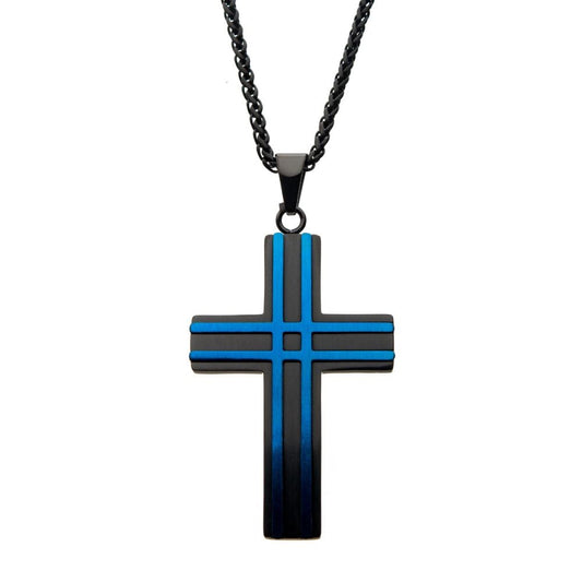 Black And Blue Cross Pendant And Chain 24"