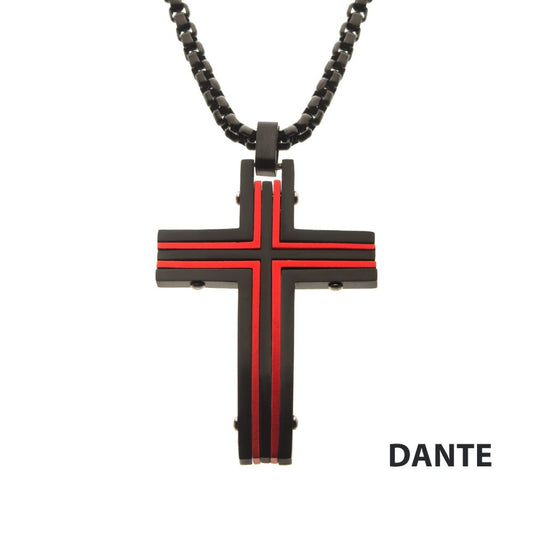 Black & Red IP Dante Cross Pendant With Chain 24"