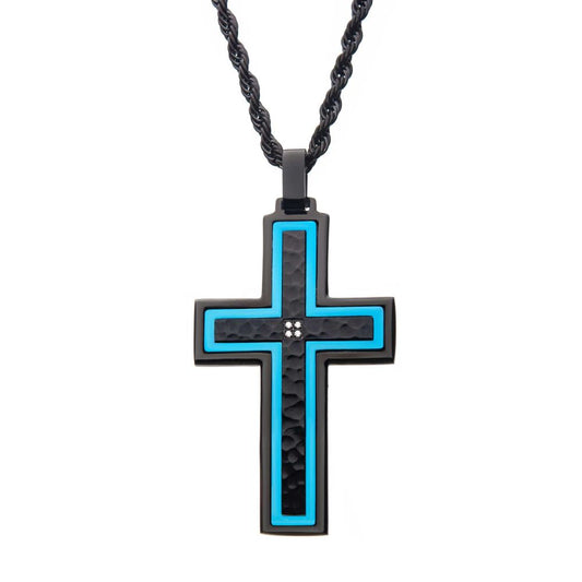 Hammered Blue Line Cross With Cz Stainless Steel Pendant